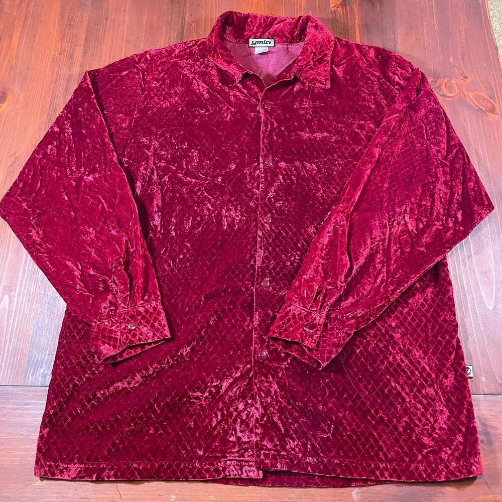 YMLA Red Velvet Quilted Long Sleeve Button Down Shirt Size XL